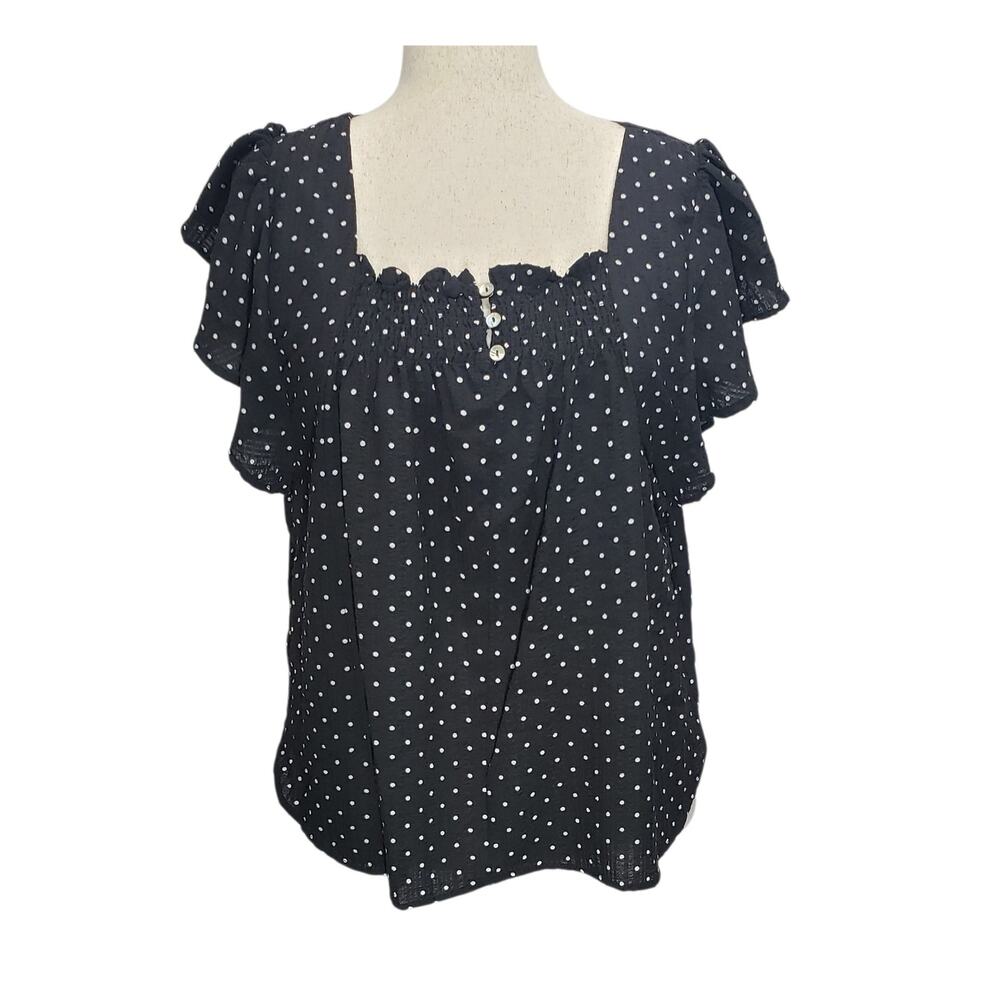 Draper James XL Black Polka Dot Blouse Smocked Cottagecore Romantic Top